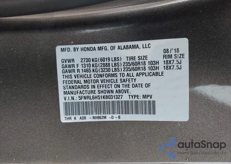 2019 Honda Odyssey Ex z USA, uszkodzony, nr VIN 5FNRL6H51KB031327